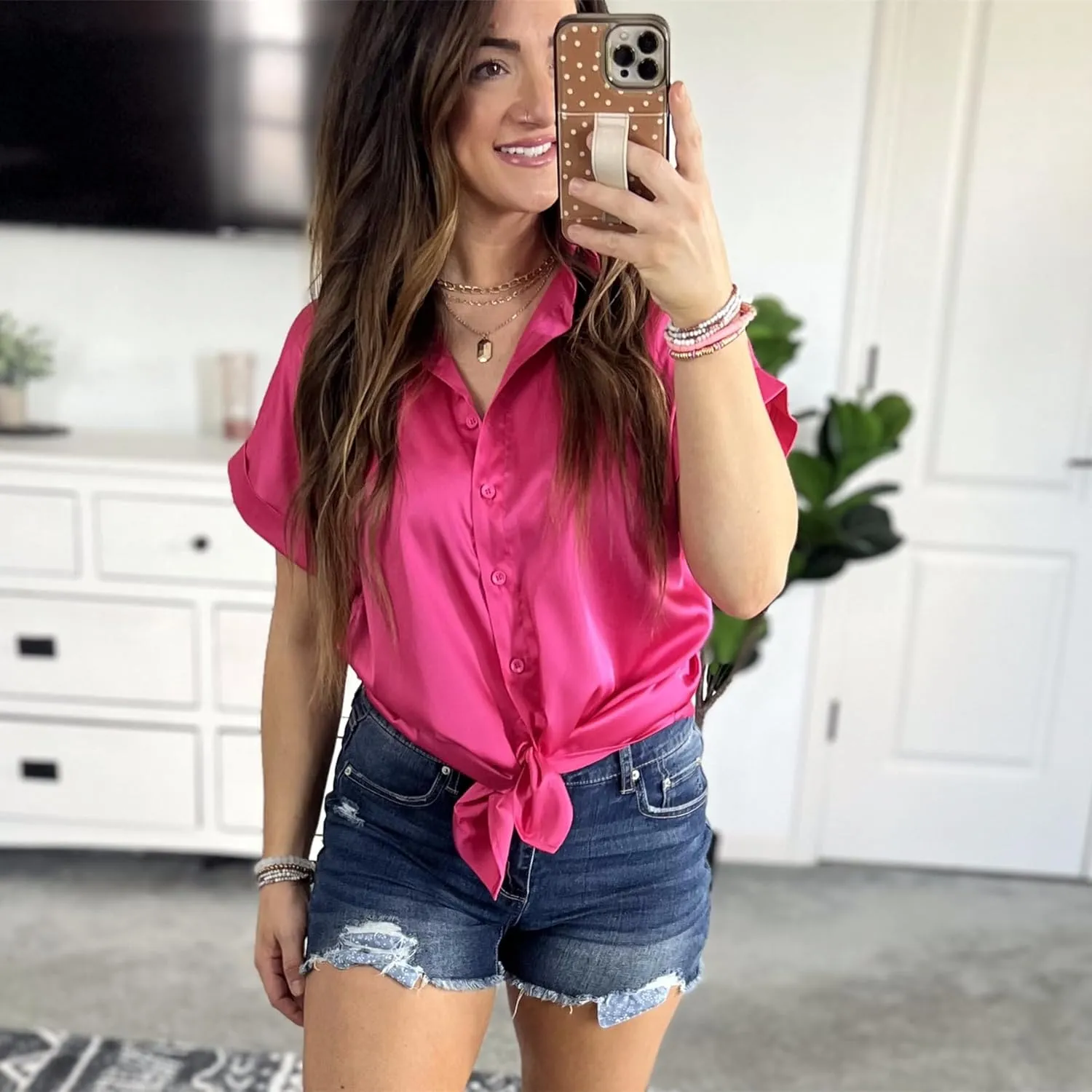 HOTOUCH Silk Button Down Shirts for Women Satin Short Sleeve V Neck Casual Work Office Blouse Tunic Tops