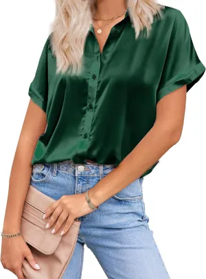 HOTOUCH Silk Button Down Shirts for Women Satin Short Sleeve V Neck Casual Work Office Blouse Tunic Tops