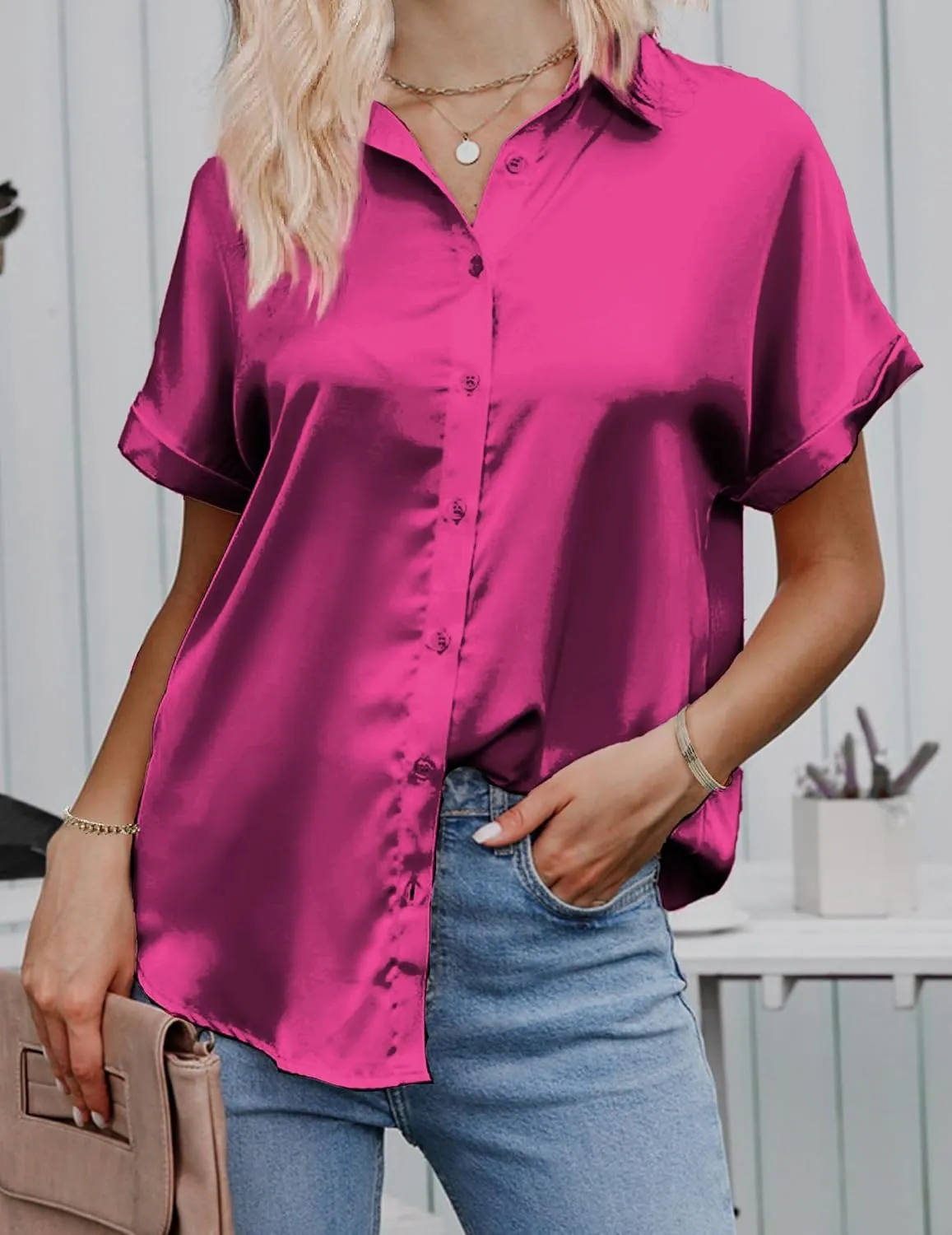 HOTOUCH Silk Button Down Shirts for Women Satin Short Sleeve V Neck Casual Work Office Blouse Tunic Tops