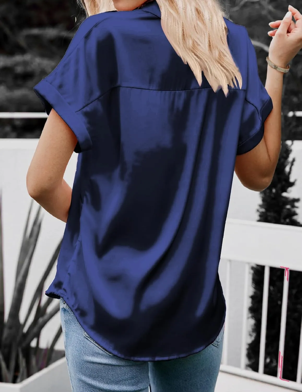 HOTOUCH Silk Button Down Shirts for Women Satin Short Sleeve V Neck Casual Work Office Blouse Tunic Tops