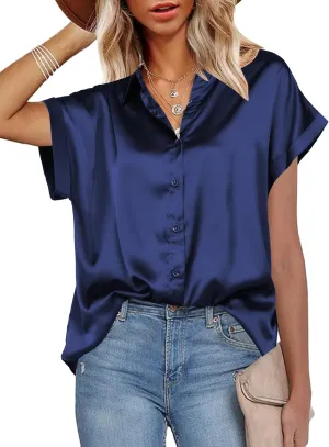 HOTOUCH Silk Button Down Shirts for Women Satin Short Sleeve V Neck Casual Work Office Blouse Tunic Tops