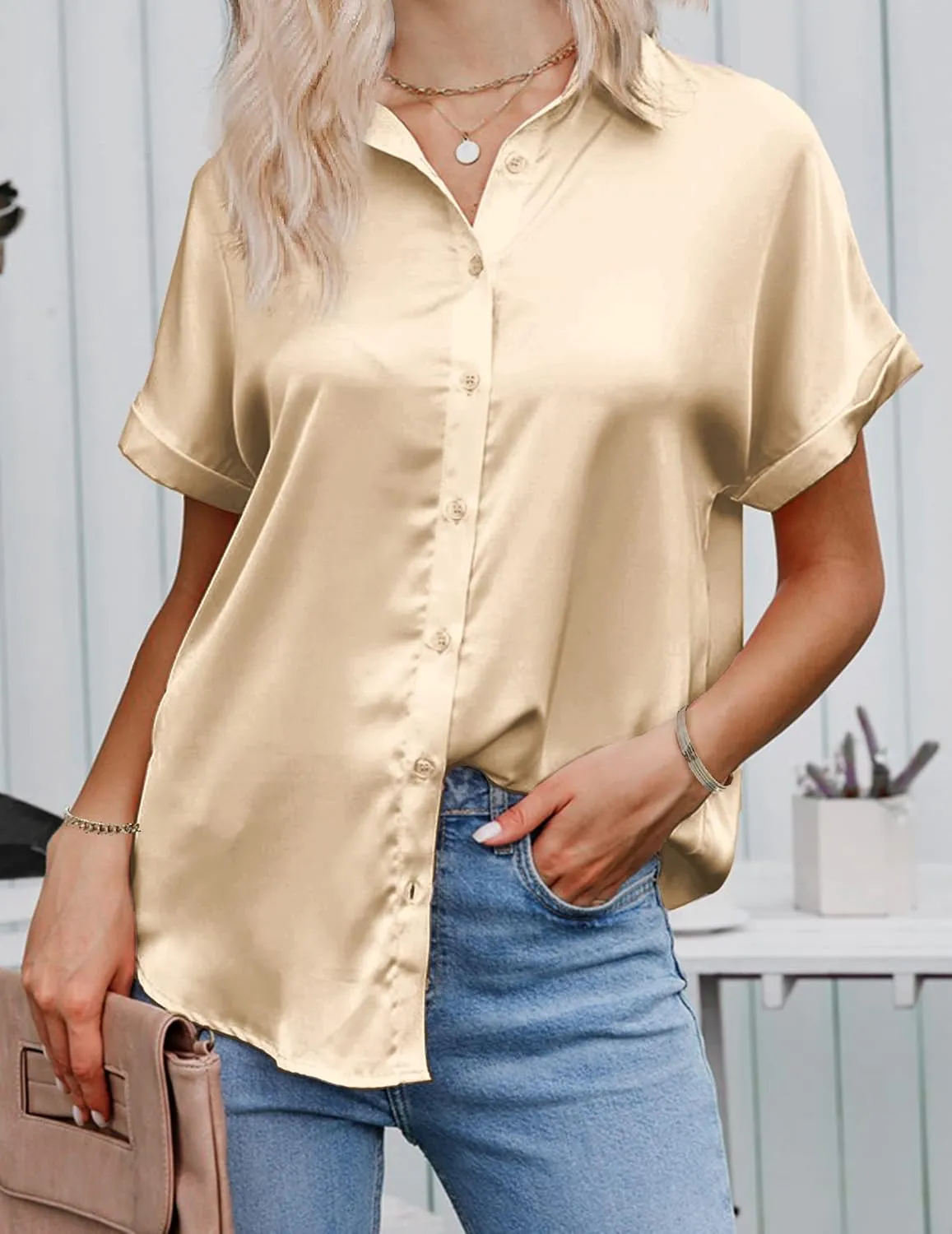 HOTOUCH Silk Button Down Shirts for Women Satin Short Sleeve V Neck Casual Work Office Blouse Tunic Tops