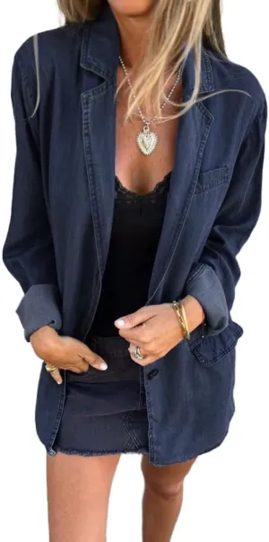 IDEALSANXUN Long Denim Blazer for Women Fall Casual Jean Jacket Oversized Shacket Lightweight Coats