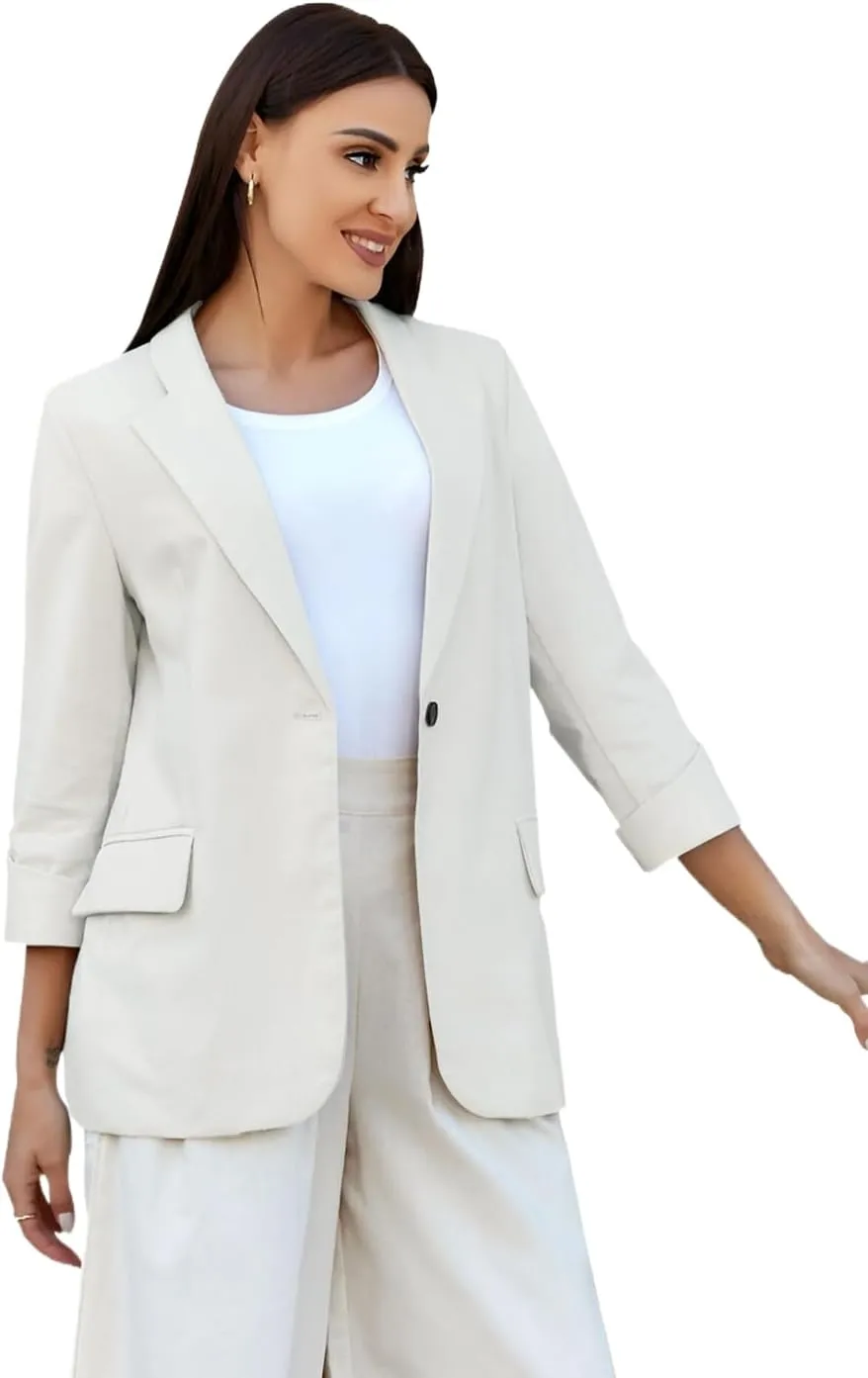 IDEALSANXUN Womens Linen Blazer Notch Lapel One Button Suit Coat Jackets