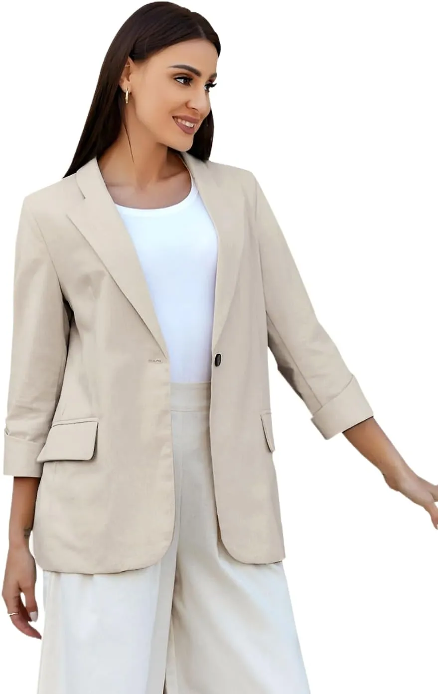 IDEALSANXUN Womens Linen Blazer Notch Lapel One Button Suit Coat Jackets
