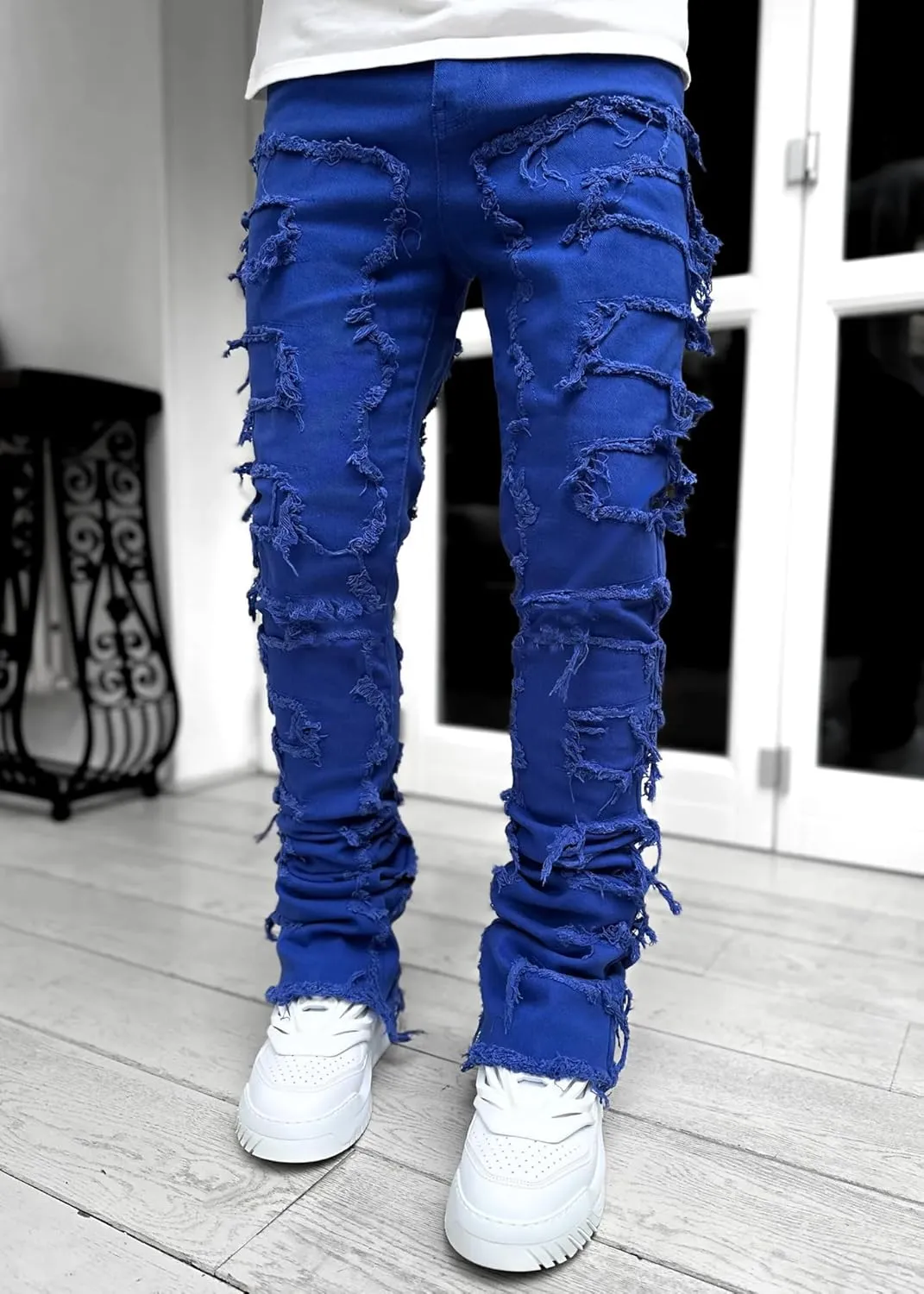 Jeans for Men Stretch Fit Skinny Stacked Ripped Destroyed Jeans Slim Fit Patch Y2K Denim Pants Slim Fit Trousers Streetwear