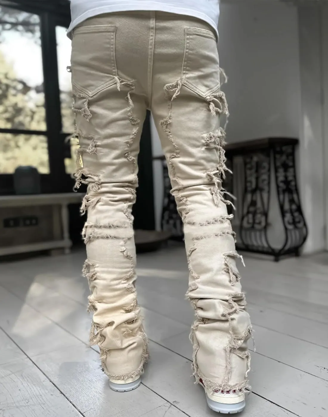 Jeans for Men Stretch Fit Skinny Stacked Ripped Destroyed Jeans Slim Fit Patch Y2K Denim Pants Slim Fit Trousers Streetwear