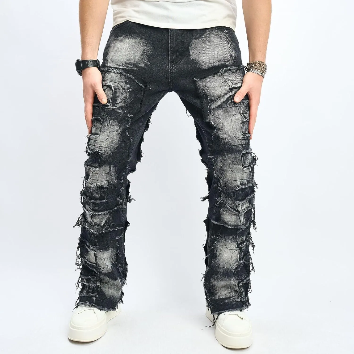 Jeans for Men Stretch Fit Skinny Stacked Ripped Destroyed Jeans Slim Fit Patch Y2K Denim Pants Slim Fit Trousers Streetwear