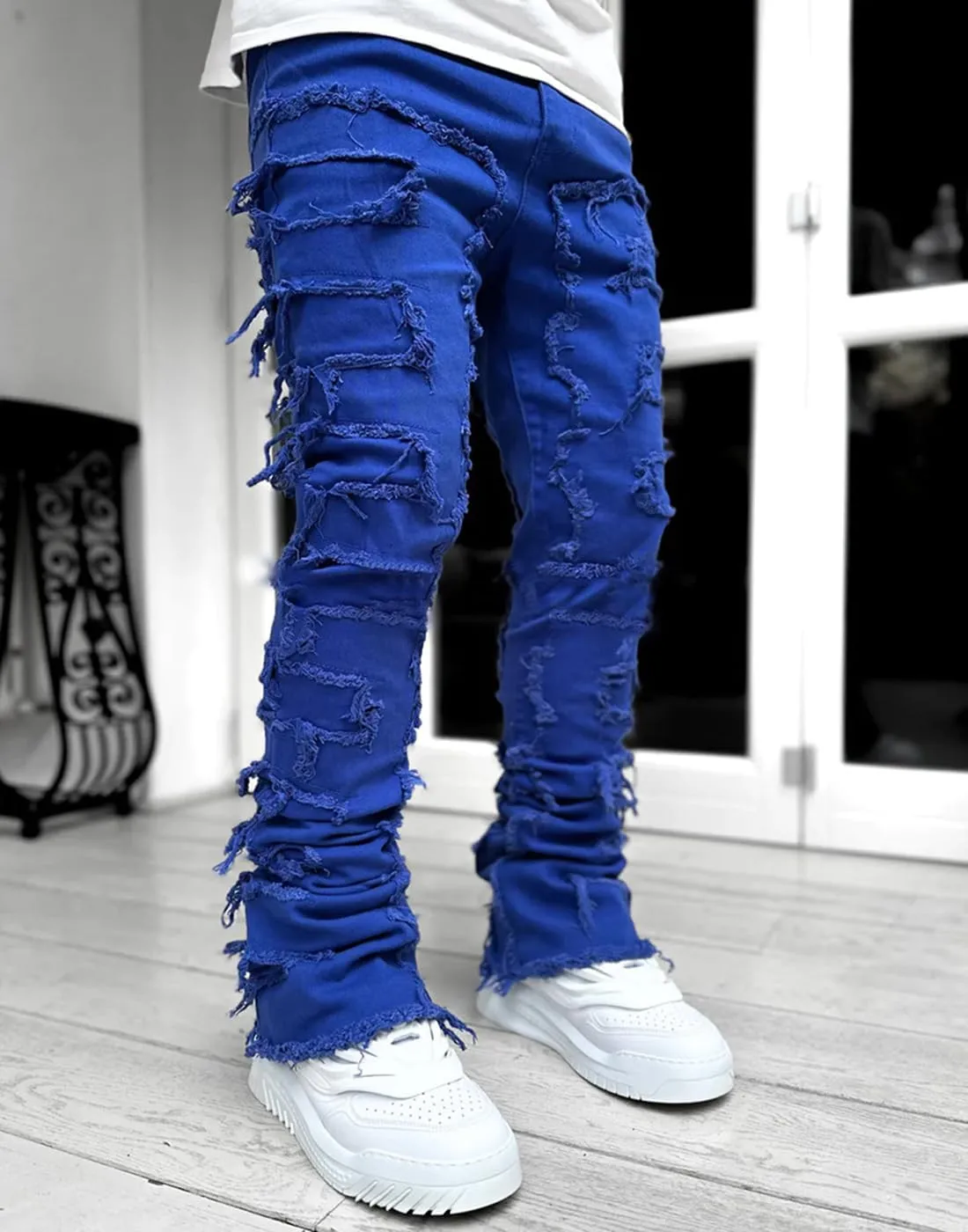 Jeans for Men Stretch Fit Skinny Stacked Ripped Destroyed Jeans Slim Fit Patch Y2K Denim Pants Slim Fit Trousers Streetwear