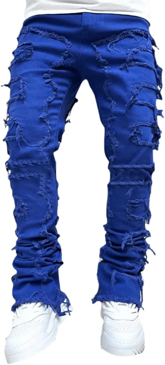 Jeans for Men Stretch Fit Skinny Stacked Ripped Destroyed Jeans Slim Fit Patch Y2K Denim Pants Slim Fit Trousers Streetwear