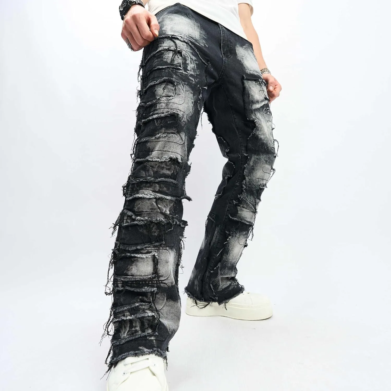 Jeans for Men Stretch Fit Skinny Stacked Ripped Destroyed Jeans Slim Fit Patch Y2K Denim Pants Slim Fit Trousers Streetwear