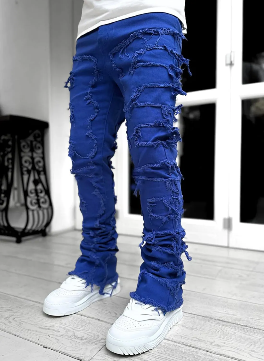 Jeans for Men Stretch Fit Skinny Stacked Ripped Destroyed Jeans Slim Fit Patch Y2K Denim Pants Slim Fit Trousers Streetwear