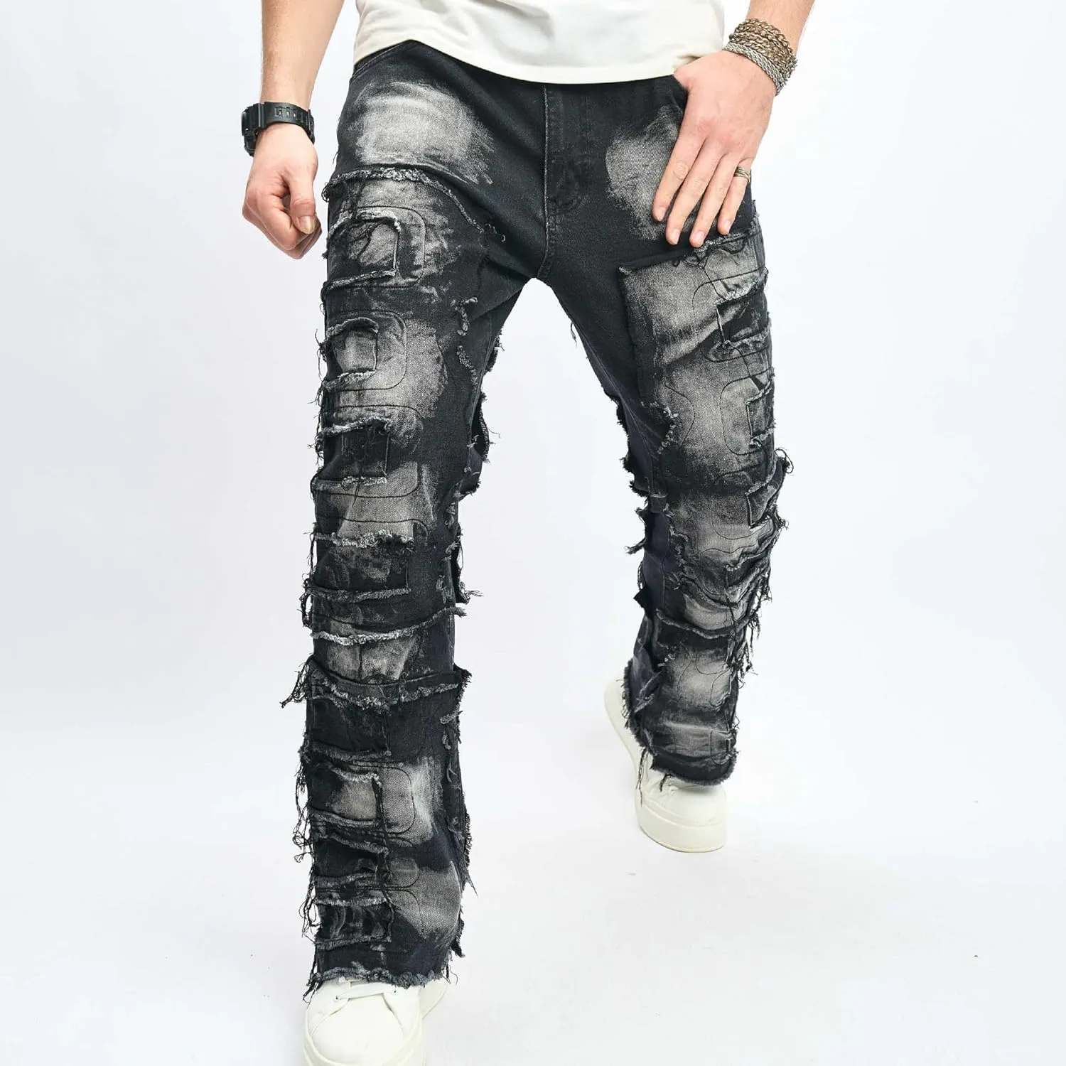 Jeans for Men Stretch Fit Skinny Stacked Ripped Destroyed Jeans Slim Fit Patch Y2K Denim Pants Slim Fit Trousers Streetwear
