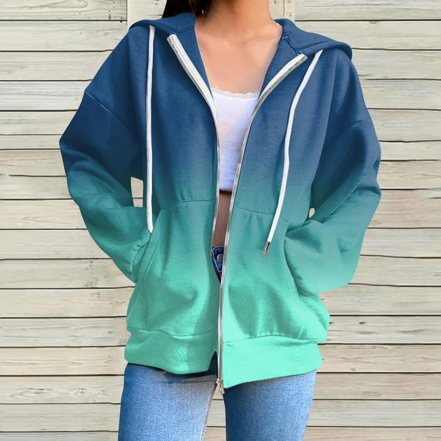 JiXiang Womens Lightweight Hoodies Full Zip Up Oversized Sweatshirts with Pockets Long Sleeve Thin Casual Zip Up Jackets