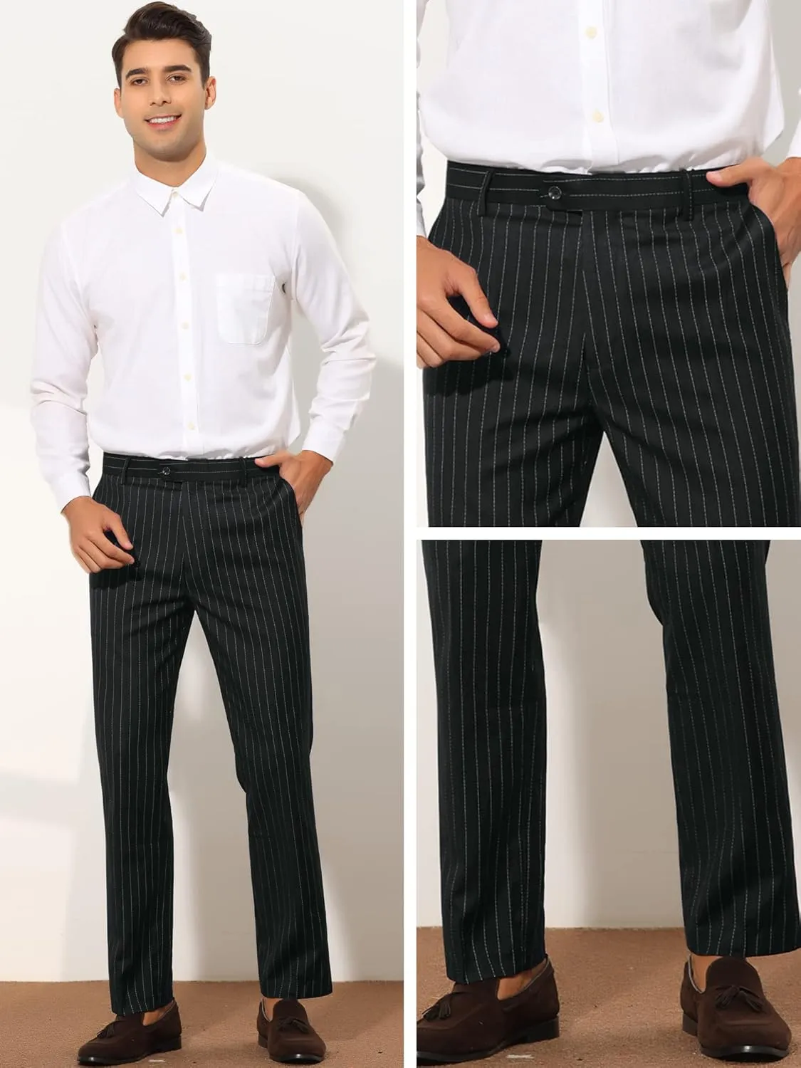 Lars Amadeus Formal Striped Dress Pants for Men's Slim Fit Flat Front Office Business Trousers