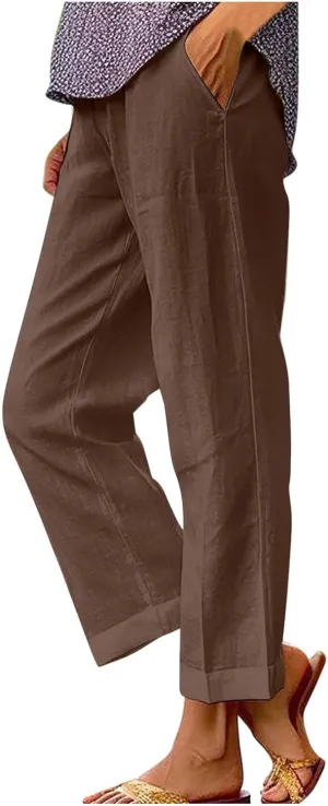 Linen Capri Pants for Women High Waisted Wide Leg Lounge Pant Comfy Soft Trousers Casual Resort Wear