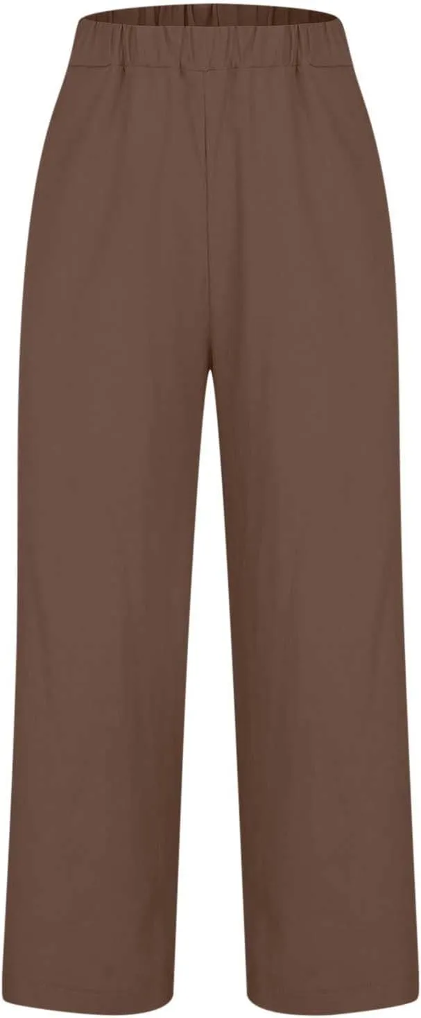Linen Capri Pants for Women High Waisted Wide Leg Lounge Pant Comfy Soft Trousers Casual Resort Wear