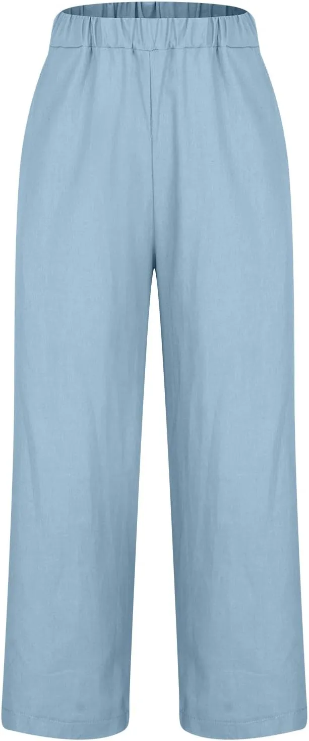 Linen Capri Pants for Women High Waisted Wide Leg Lounge Pant Comfy Soft Trousers Casual Resort Wear
