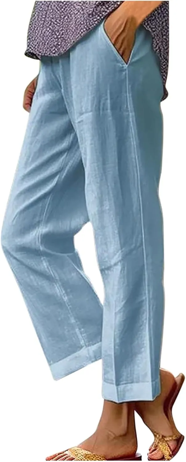 Linen Capri Pants for Women High Waisted Wide Leg Lounge Pant Comfy Soft Trousers Casual Resort Wear
