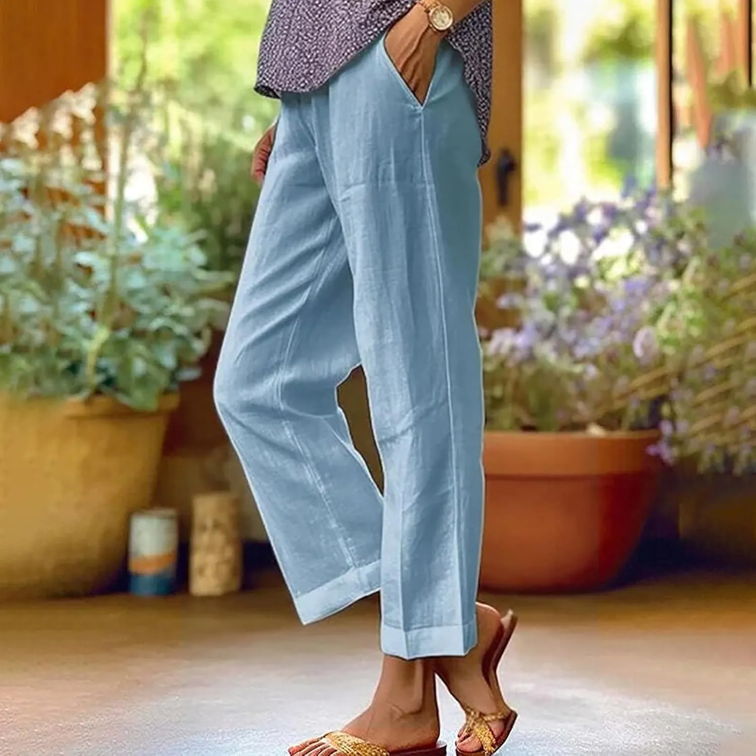 Linen Capri Pants for Women High Waisted Wide Leg Lounge Pant Comfy Soft Trousers Casual Resort Wear
