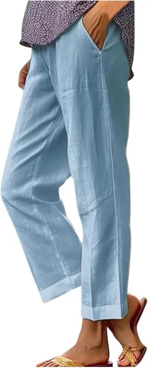 Linen Capri Pants for Women High Waisted Wide Leg Lounge Pant Comfy Soft Trousers Casual Resort Wear