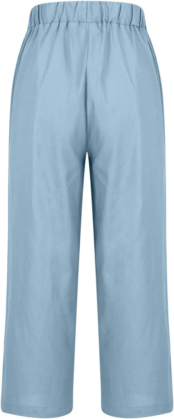 Linen Capri Pants for Women High Waisted Wide Leg Lounge Pant Comfy Soft Trousers Casual Resort Wear