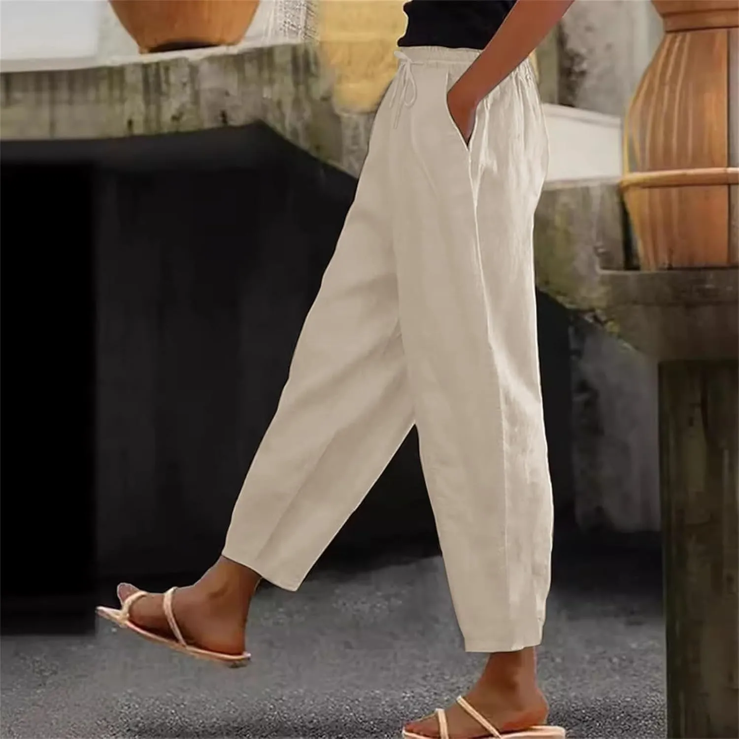 Linen Pants for Women 2025 Summer Casual Drawstring Elastic Trouser Striped Lounge Cropped Soft Pants with Pockets
