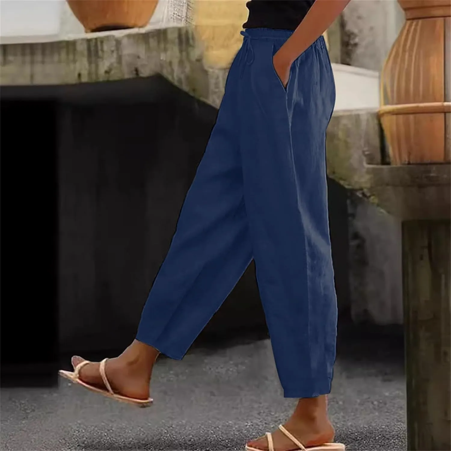 Linen Pants for Women 2025 Summer Casual Drawstring Elastic Trouser Striped Lounge Cropped Soft Pants with Pockets