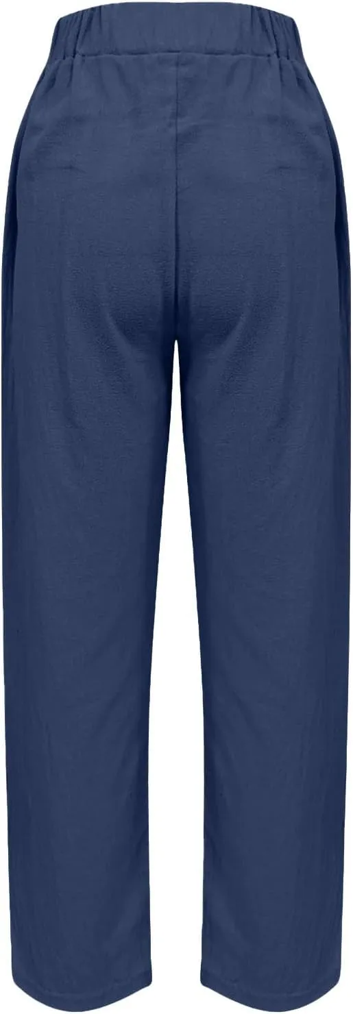 Linen Pants for Women 2025 Summer Casual Drawstring Elastic Trouser Striped Lounge Cropped Soft Pants with Pockets