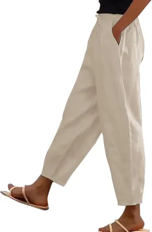 Linen Pants for Women 2025 Summer Casual Drawstring Elastic Trouser Striped Lounge Cropped Soft Pants with Pockets