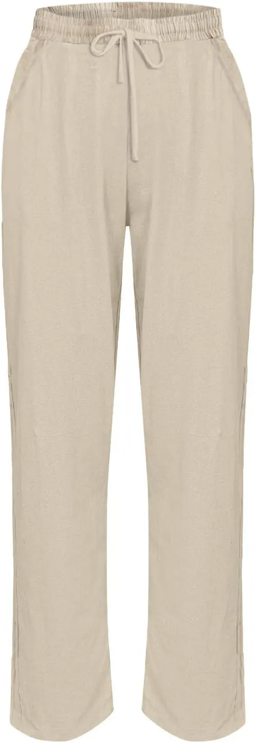 Linen Pants for Women 2025 Summer Casual Drawstring Elastic Trouser Striped Lounge Cropped Soft Pants with Pockets