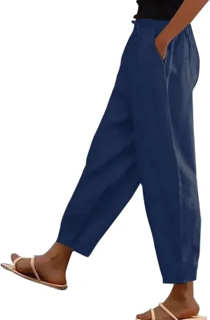 Linen Pants for Women 2025 Summer Casual Drawstring Elastic Trouser Striped Lounge Cropped Soft Pants with Pockets