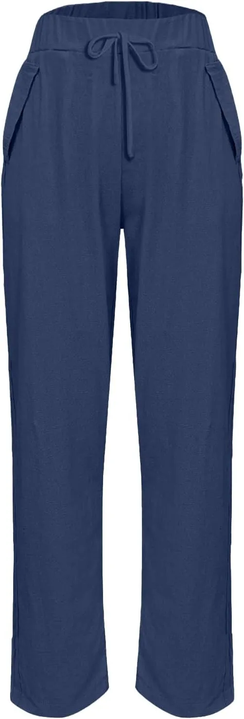 Linen Pants for Women 2025 Summer Casual Drawstring Elastic Trouser Striped Lounge Cropped Soft Pants with Pockets
