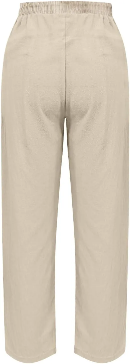 Linen Pants for Women 2025 Summer Casual Drawstring Elastic Trouser Striped Lounge Cropped Soft Pants with Pockets