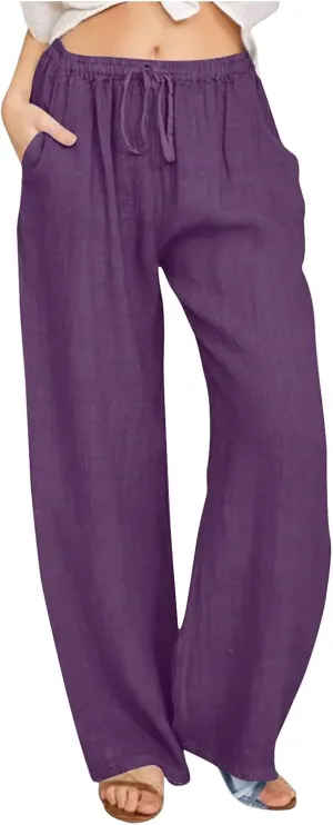Linen Pants Women Loose Lounge Pants Drawstring High Waist Sweatpants Trousers with Pockets Soft Comfy Linen Pants
