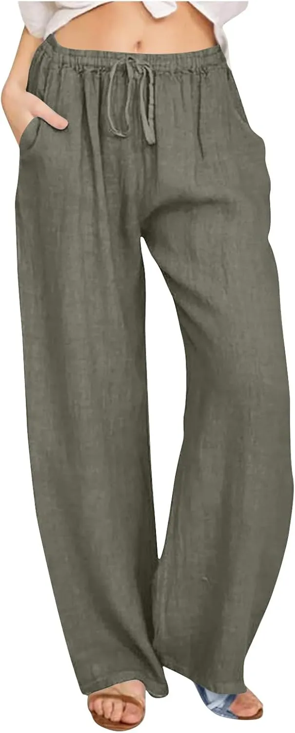 Linen Pants Women Loose Lounge Pants Drawstring High Waist Sweatpants Trousers with Pockets Soft Comfy Linen Pants
