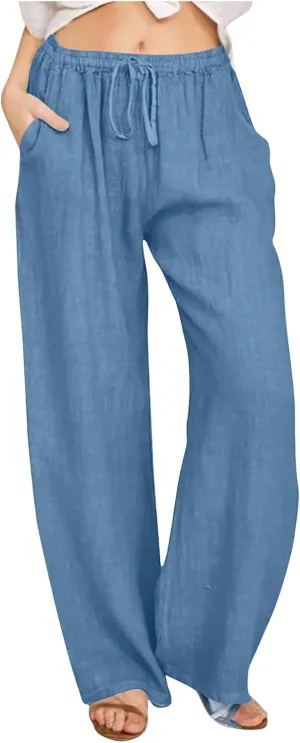 Linen Pants Women Loose Lounge Pants Drawstring High Waist Sweatpants Trousers with Pockets Soft Comfy Linen Pants