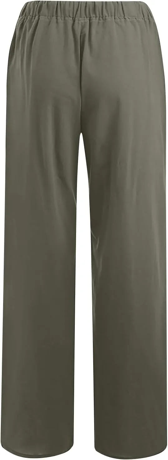 Linen Pants Women Loose Lounge Pants Drawstring High Waist Sweatpants Trousers with Pockets Soft Comfy Linen Pants