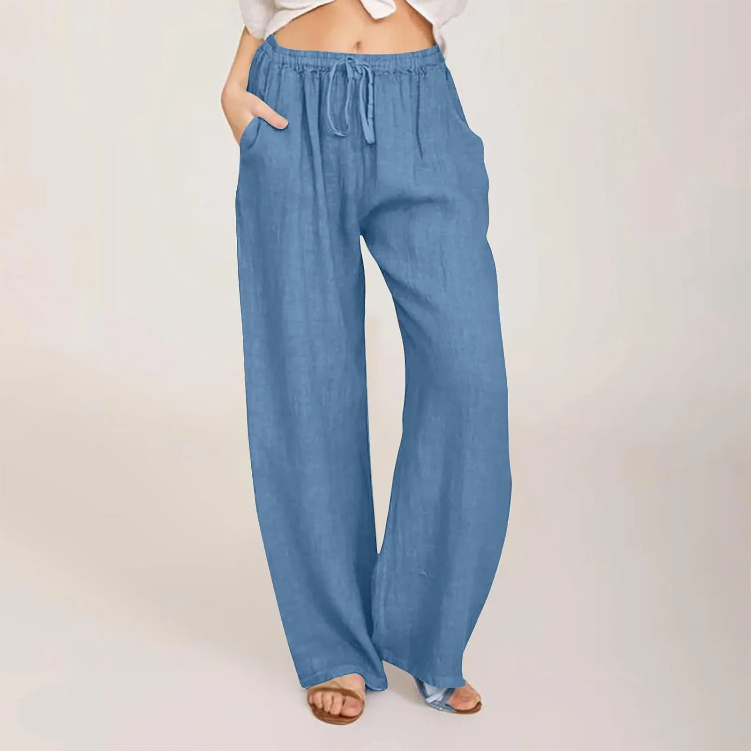 Linen Pants Women Loose Lounge Pants Drawstring High Waist Sweatpants Trousers with Pockets Soft Comfy Linen Pants