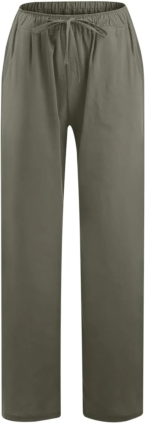 Linen Pants Women Loose Lounge Pants Drawstring High Waist Sweatpants Trousers with Pockets Soft Comfy Linen Pants