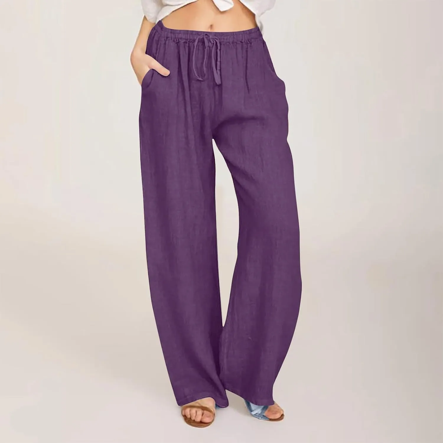 Linen Pants Women Loose Lounge Pants Drawstring High Waist Sweatpants Trousers with Pockets Soft Comfy Linen Pants