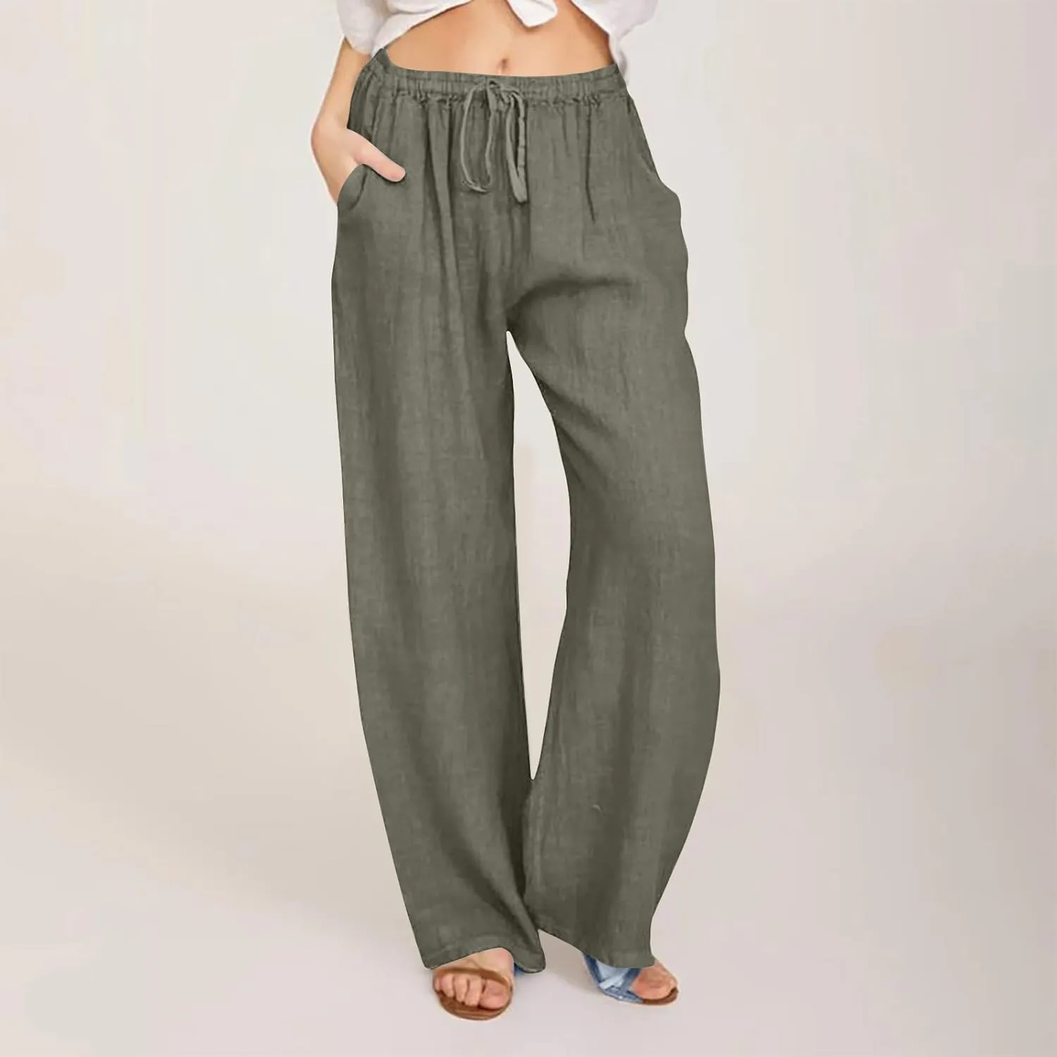 Linen Pants Women Loose Lounge Pants Drawstring High Waist Sweatpants Trousers with Pockets Soft Comfy Linen Pants