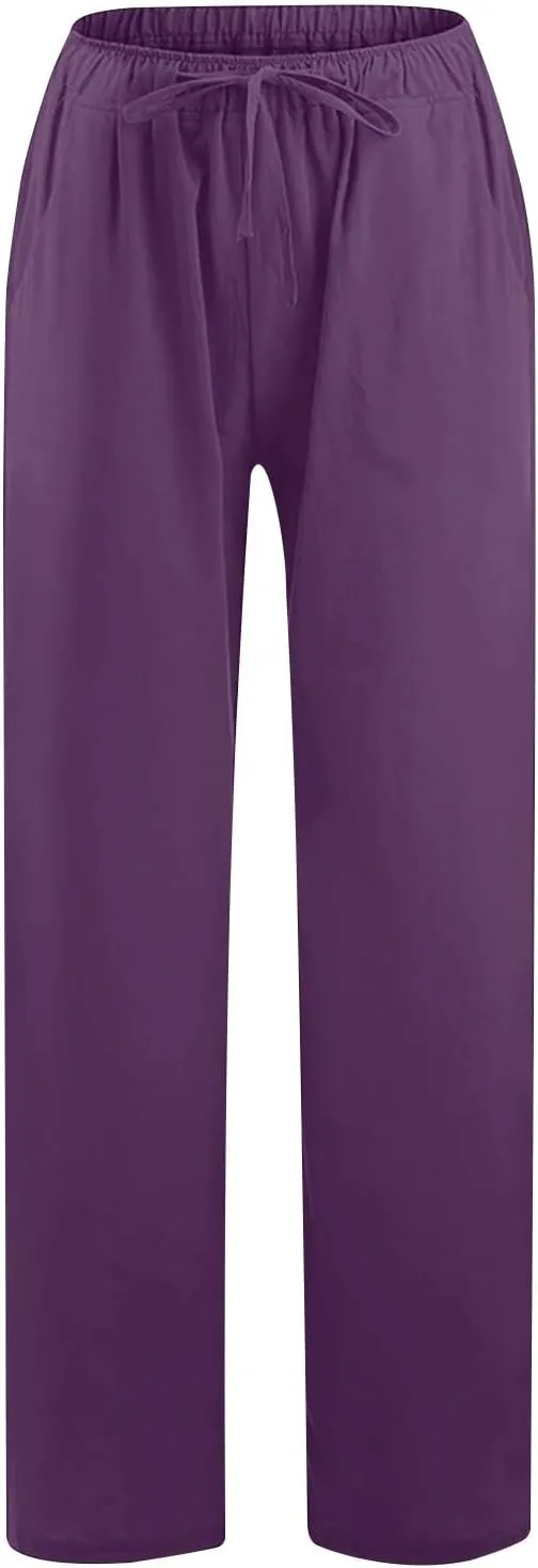 Linen Pants Women Loose Lounge Pants Drawstring High Waist Sweatpants Trousers with Pockets Soft Comfy Linen Pants