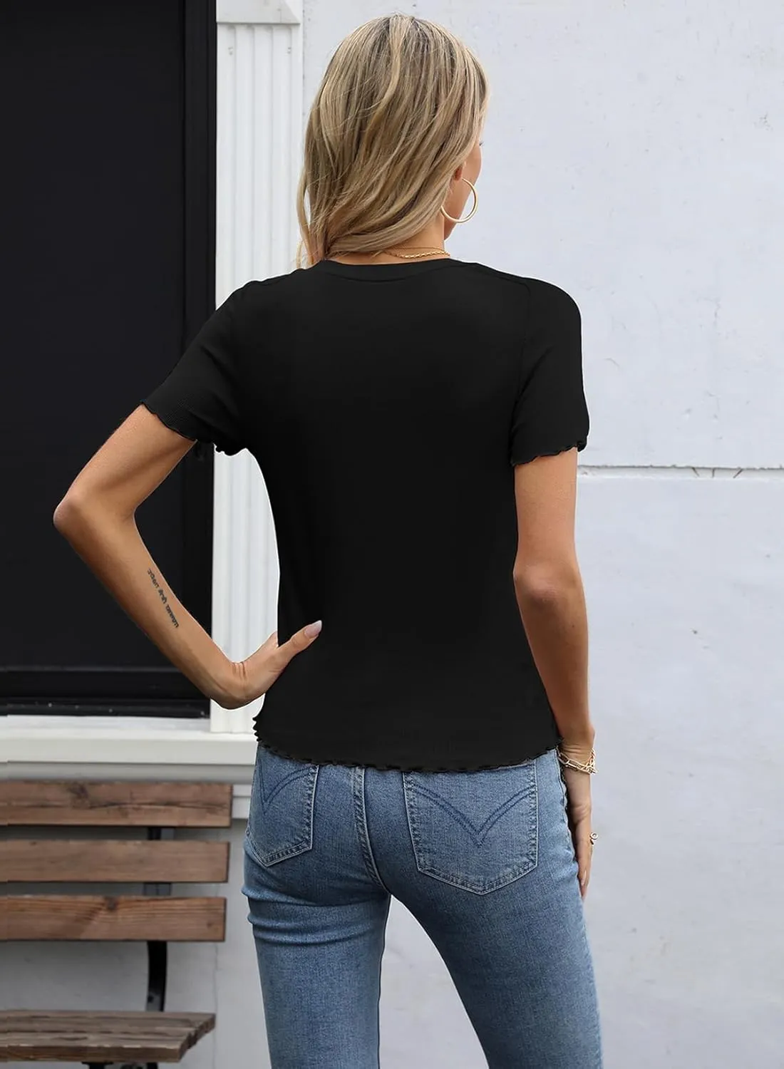 LOLONG Womens Short Sleeve Crew Neck T Shirts Summer Ribbed Knit Fitted Casual Basic Tees Lettuce Trim Tops