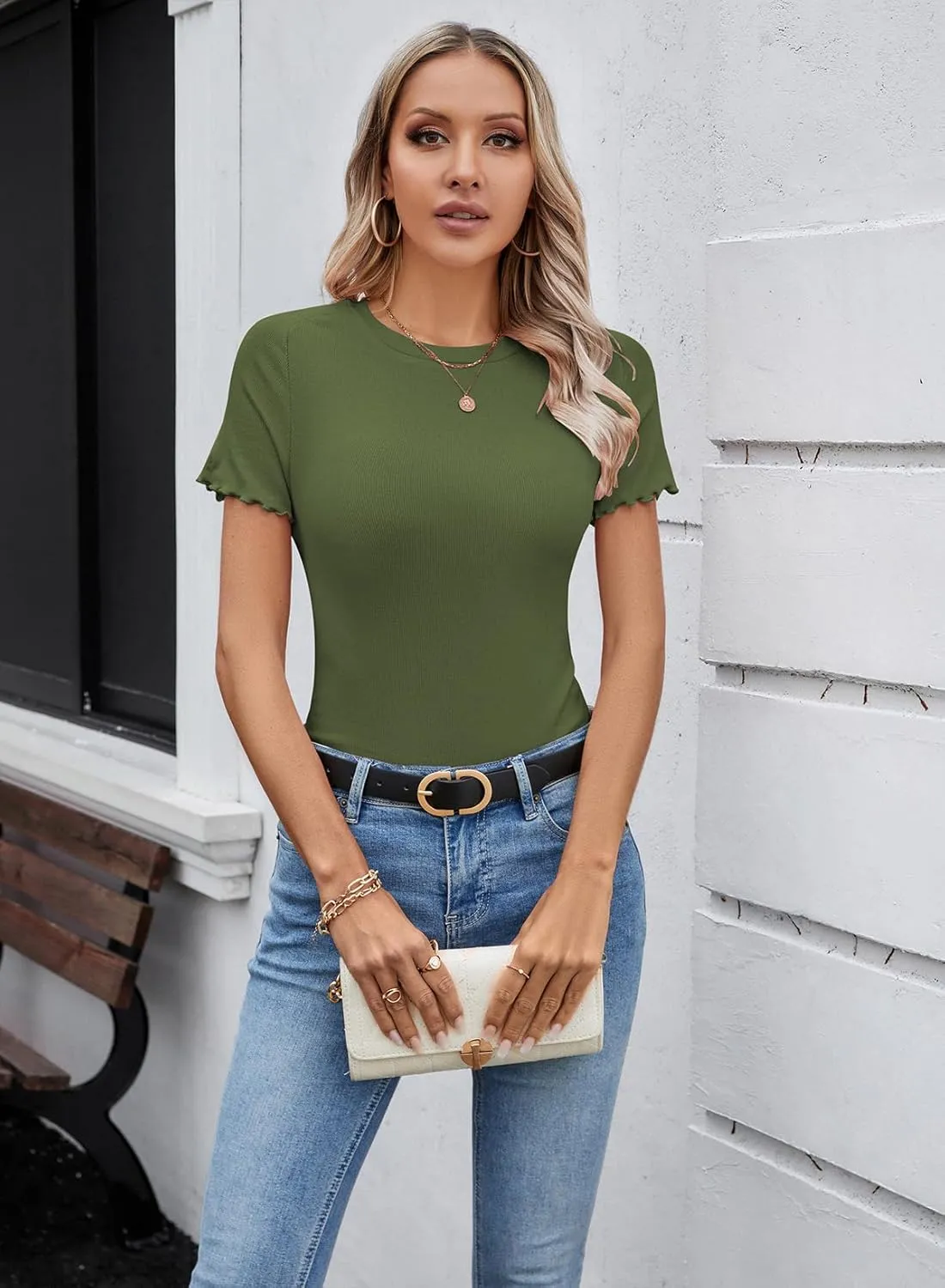 LOLONG Womens Short Sleeve Crew Neck T Shirts Summer Ribbed Knit Fitted Casual Basic Tees Lettuce Trim Tops