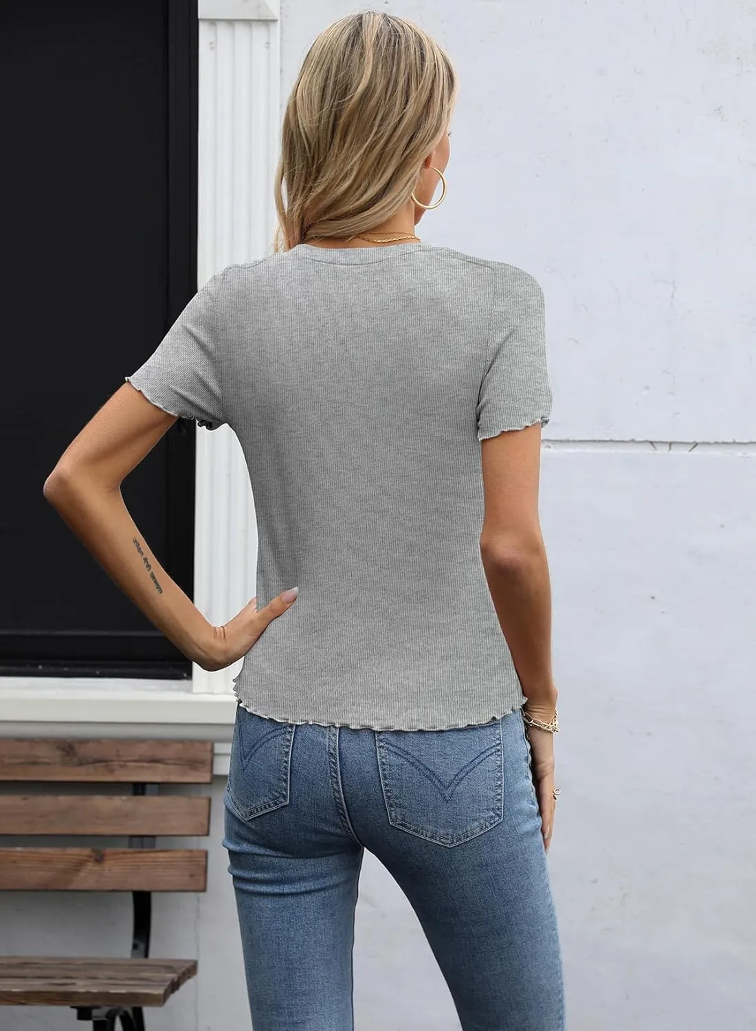 LOLONG Womens Short Sleeve Crew Neck T Shirts Summer Ribbed Knit Fitted Casual Basic Tees Lettuce Trim Tops