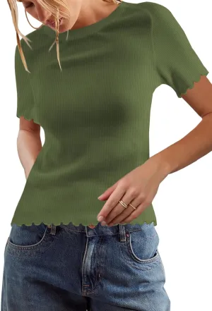LOLONG Womens Short Sleeve Crew Neck T Shirts Summer Ribbed Knit Fitted Casual Basic Tees Lettuce Trim Tops