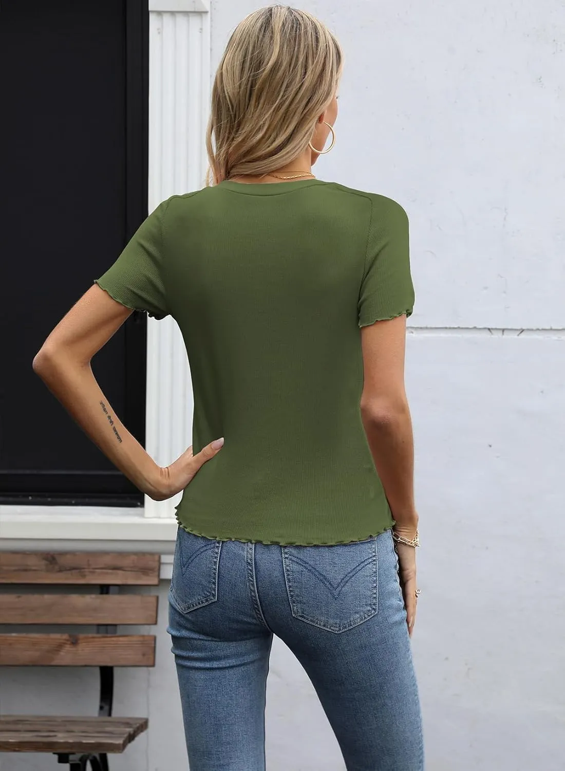 LOLONG Womens Short Sleeve Crew Neck T Shirts Summer Ribbed Knit Fitted Casual Basic Tees Lettuce Trim Tops