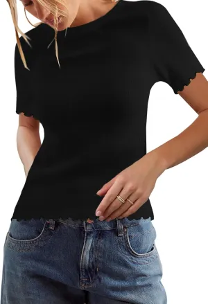 LOLONG Womens Short Sleeve Crew Neck T Shirts Summer Ribbed Knit Fitted Casual Basic Tees Lettuce Trim Tops