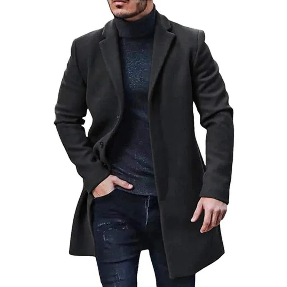 Men's Solid Color Lapel Wool Jacket for Spring Winter - Streetwear Casual Outerwear Single Breasted Long Coat, Blazer - Excellent Gift For Men